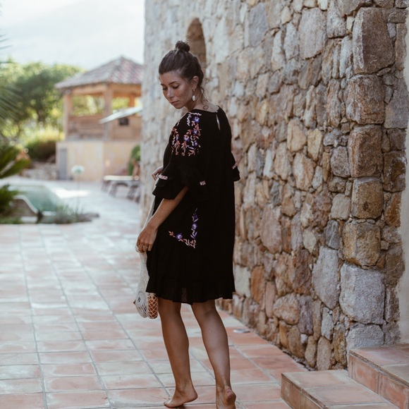 Free People Pavlo Embroidered Babydoll Tunic Mini Dress Black Floral Boho XS - Picture 12 of 12